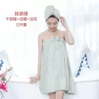 干发帽女擦头发吸水速干包头巾浴帽长发可爱韩国浴巾抹胸浴裙套装 三维工匠 抹茶绿干发帽+浴裙两件套J8152+1个浴花