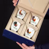 德化羊脂玉主人杯单杯茶杯功夫茶具鸡缸杯茶盏陶瓷品茗杯单个大号 三维工匠 金鸡报晓吉祥杯单个礼盒装