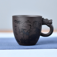 水墨书法紫砂茶杯小把杯功夫茶具带把单个杯品茗杯个人家用主人杯 三维工匠 梅