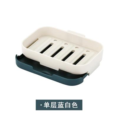 香皂盒免打孔吸盘壁挂式香皂架沥水排水家用卫生间香皂盒免钉皂盒 三维工匠 单层蓝白(送备用贴)