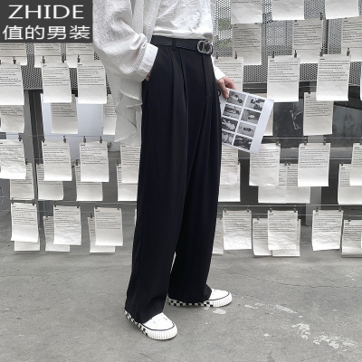 SUNTEK高腰质感西装裤男2021年新款黑色垂感阔腿裤宽松直筒休闲拖地长裤西裤