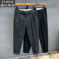 SUNTEK秋冬厚料气质百搭毛呢休闲裤男士潮流修身小脚裤子弹力小西裤男装西裤