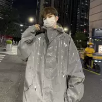 SUNTEK风衣夹克男连帽秋冬加厚潮牌宽松帅气港风学生炸街外套反光风衣
