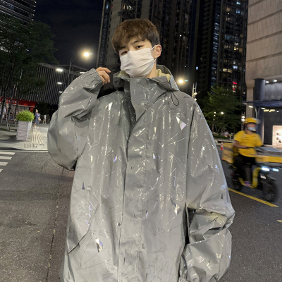 SUNTEK风衣夹克男连帽秋冬加厚潮牌宽松帅气港风学生炸街外套反光风衣