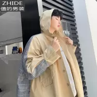 SUNTEKoversize廓形拼接格子风衣外套男士连帽披风男女青年时尚休闲上衣风衣