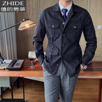 SUNTEK秋韩版修身男士中长款衬衫式夹克英伦绅士简约复工休闲收腰小风衣风衣