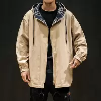 SUNTEK胖人日系两面穿格子风衣男加肥大码潮流宽松连帽外套休闲夹克春秋风衣