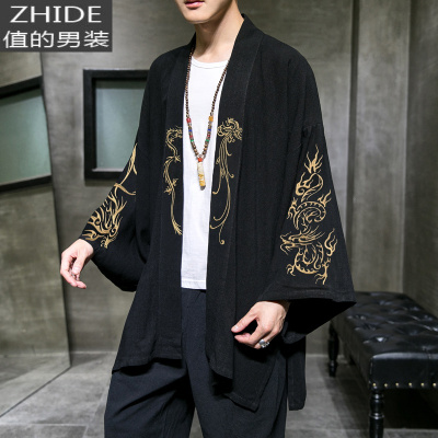 SUNTEK中国风龙刺绣和风和服汉服短款开衫风衣羽织男中式唐装民族复古风风衣