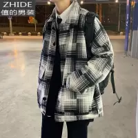 SUNTEK秋冬毛呢大衣男韩版潮流格子外套宽松加厚短款风衣港风帅气bf百搭风衣