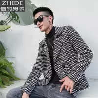 SUNTEK春秋装痞帅风衣男短款韩版潮流帅气千鸟格外套西装翻领休闲夹克潮风衣