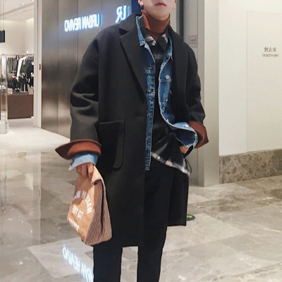 SUNTEK风衣男士中长款秋冬装韩版潮流加厚休闲帅气呢子外套学生毛呢大衣风衣