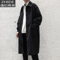 SUNTEK2020秋季新款酷感帅气明线风衣大衣潮男宽松暗黑单排扣风衣中长款风衣