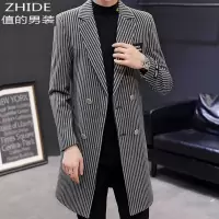 SUNTEK2020新款双排扣毛呢西装领风衣男中长款韩版条纹个性青年大衣外套风衣
