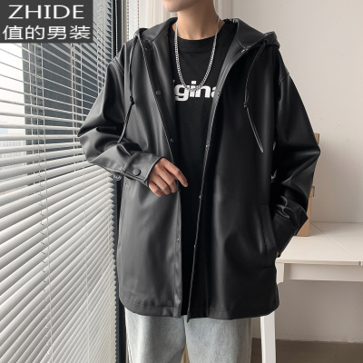 SUNTEK春季机车皮衣外套男韩版潮流中长款帅气连帽皮风衣夹克男潮牌宽松风衣