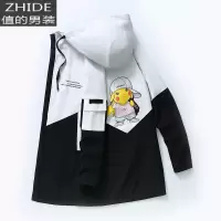 SUNTEK中长款夹克卡通皮卡丘印花拼色外套春秋装风衣韩版高中学生男外衣风衣