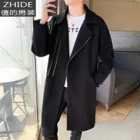 SUNTEK秋冬款韩版潮流拉链装饰中长款风衣男士潮牌痞帅修身毛呢大衣外套风衣