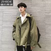 SUNTEK短款风衣男秋季潮牌夹克黑色男士大衣中款韩版宽松情侣装翻领外套风衣