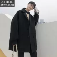 SUNTEK风衣男中长款韩版潮流百搭宽松呢大衣男春季垂感情侣短款毛呢外套风衣