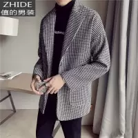 SUNTEK千鸟格休闲西装外套男韩版潮流痞帅气西服中长款呢子风衣毛呢大衣风衣