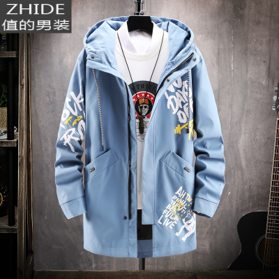 SUNTEK奶蓝色机能工装外套男日系小个子风衣中长款潮流炸街涂鸦运动夹克风衣