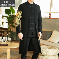 SUNTEK中式唐装风衣男长款中国风春秋薄款外套刺绣中山领国潮外衣加大码风衣