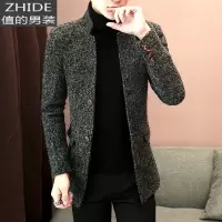 SUNTEK男士个性加绒立领风衣青年秋冬季中长款毛呢大衣潮流韩版呢子外套风衣