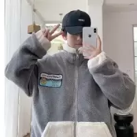 SUNTEK春季新款羔绒拼色外套男潮流韩版宽松学生百搭夹克毛绒绒上衣男夹克