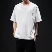 SUNTEK夏季港风刺绣宽松休闲短袖t恤男士大码潮流男装半袖衣服中袖体恤夹克