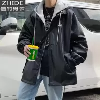 SUNTEK外套男假两件网红飞行员pu皮夹克韩版潮流帅气春秋潮牌轻熟风男装夹克