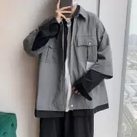 SUNTEK工装夹克男士春秋季帅气潮流假两件宽松上衣休闲外套大码胖子男装夹克