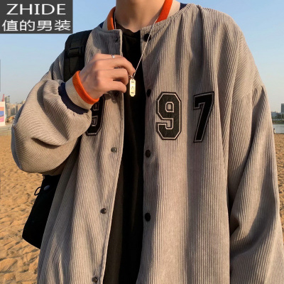 SUNTEKvibe风灯芯绒棒球服男美式街头外套韩版潮流百搭oversize炸街上衣夹克
