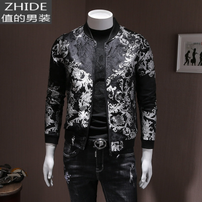 SUNTEK男士夹克衫棒球服复古花纹绣花修身青年男装开衫衣服2020春装外套夹克