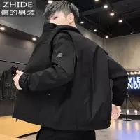 SUNTEK春季男士工装夹克韩版潮牌休闲宽松百搭飞行员服黑色外套连帽秋装夹克