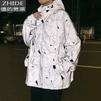 SUNTEK反光工装外套男秋冬潮牌百搭韩版潮流大码宽松连帽运动夹克夹克