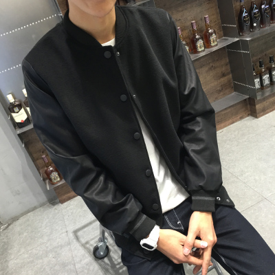 SUNTEK春季青少年皮袖拼接毛呢夹克男潮流呢子外套加大码褂子学生棒球服夹克