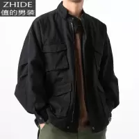 SUNTEK黑色工装夹克男春秋多口袋美式飞行员外套日系复古宽松大码棒球服夹克