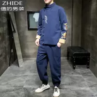 SUNTEK中式盘扣唐装男士棉麻刺绣汉服长袖套装春季青年夹克外套潮流大码夹克