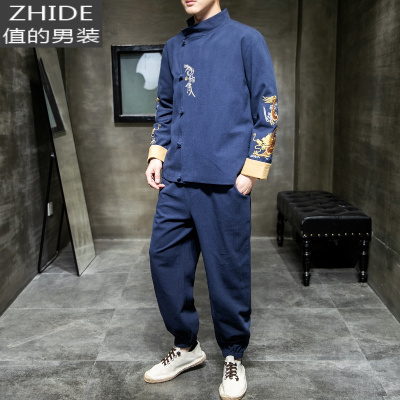 SUNTEK中式盘扣唐装男士棉麻刺绣汉服长袖套装春季青年夹克外套潮流大码夹克
