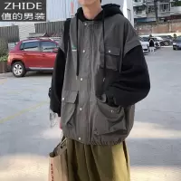 SUNTEK假两件工装夹克男春秋韩版加厚宽松连帽外套港风潮流休闲帅气上衣夹克