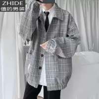 SUNTEK春秋男生格子翻领休闲外套潮流韩版宽松夹克男士帅气衣服大码上衣夹克