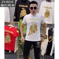 SUNTEK社会精小伙短袖韩版潮流T恤男网红同款大金牛刺绣修身半袖潮牌T恤