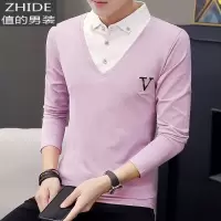SUNTEK秋装男士长袖t恤翻领棉上衣服假两件有带领打底衫衬衫领体恤丅T恤