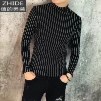 SUNTEK冬季潮流小伙修身高领加绒长袖T恤男韩版时尚条纹加厚百搭打底衫T恤