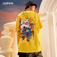 SUNTEK潮牌中国风春节新年醒狮短袖T恤男国潮加肥加大宽松大码半袖体恤T恤