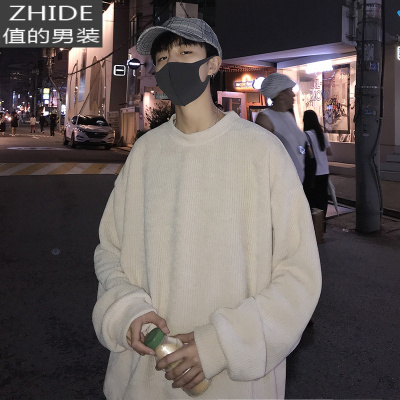 SUNTEK春季男装灯芯绒色圆领卫衣男潮宽松慵懒风情侣上衣男生复古外套卫衣