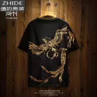 SUNTEK潮牌短袖中国风重工刺绣国潮五分袖T恤 男加肥加大慵懒风中袖大码T恤