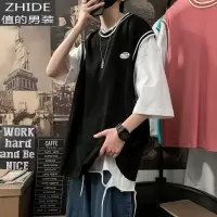 SUNTEK贴标假两件短袖t恤男韩版潮流百搭学生打底衫潮牌夏季宽松上衣服T恤