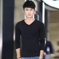 SUNTEKv领白色体恤冬季小衫加厚加绒打底衫棉鸡心领男士长袖t恤保暖血T恤