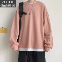 SUNTEKchic港风宽松圆领卫衣男韩版潮流假两件长袖t恤秋冬季学生打底衫T恤