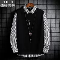 SUNTEK春秋季长袖t恤男士韩版潮流假两件体恤打底衫学生上衣服卫衣男装卫衣